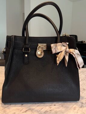 Michael Kors Black Saffiano Leather Satchel with Gold-Tone Lock and Scarf Accent